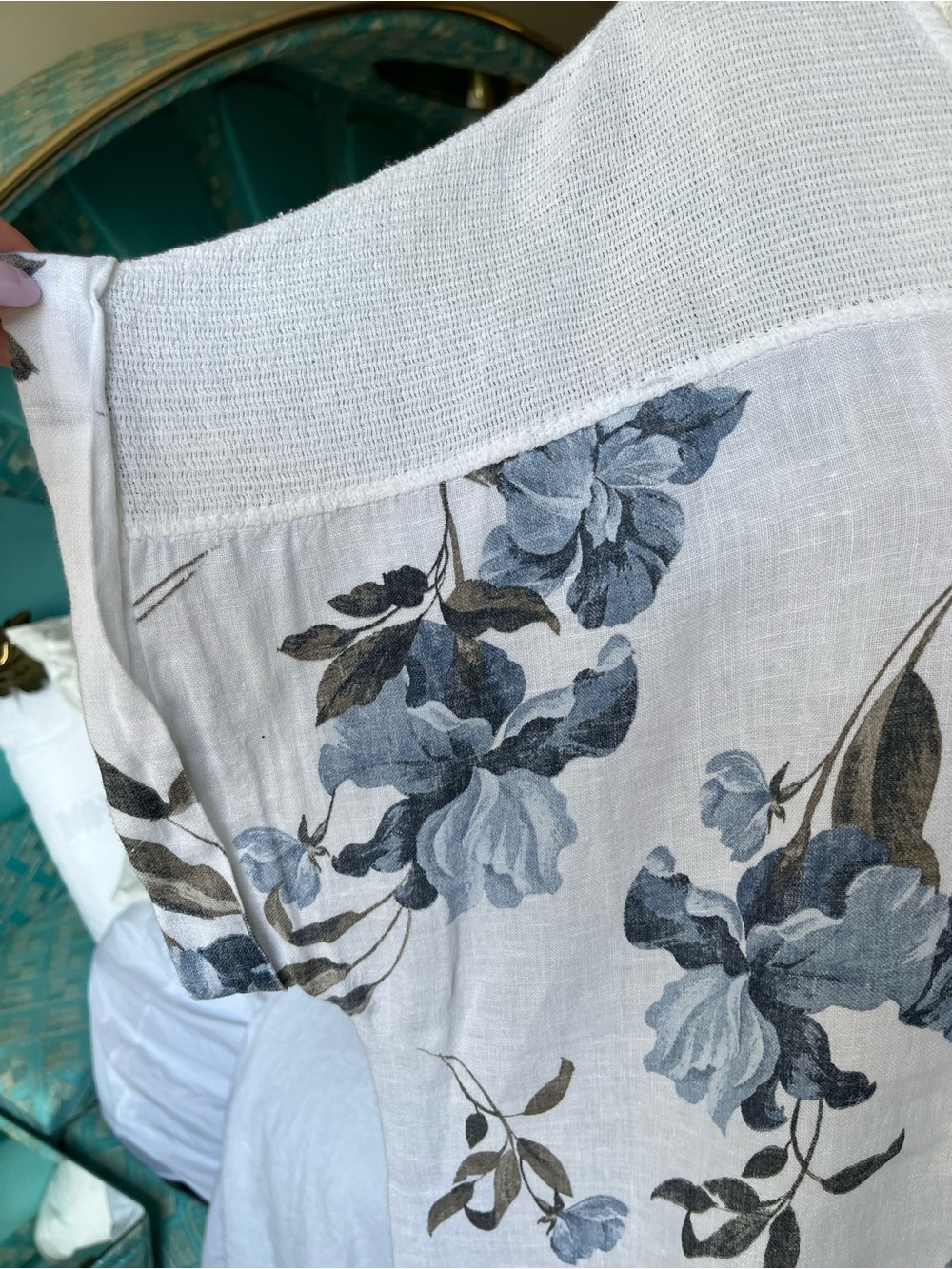 Lungo L’Ajno Linen Tunic Top 3X Blue Floral White Resort Beach Cover Up - Picture 5 of 9